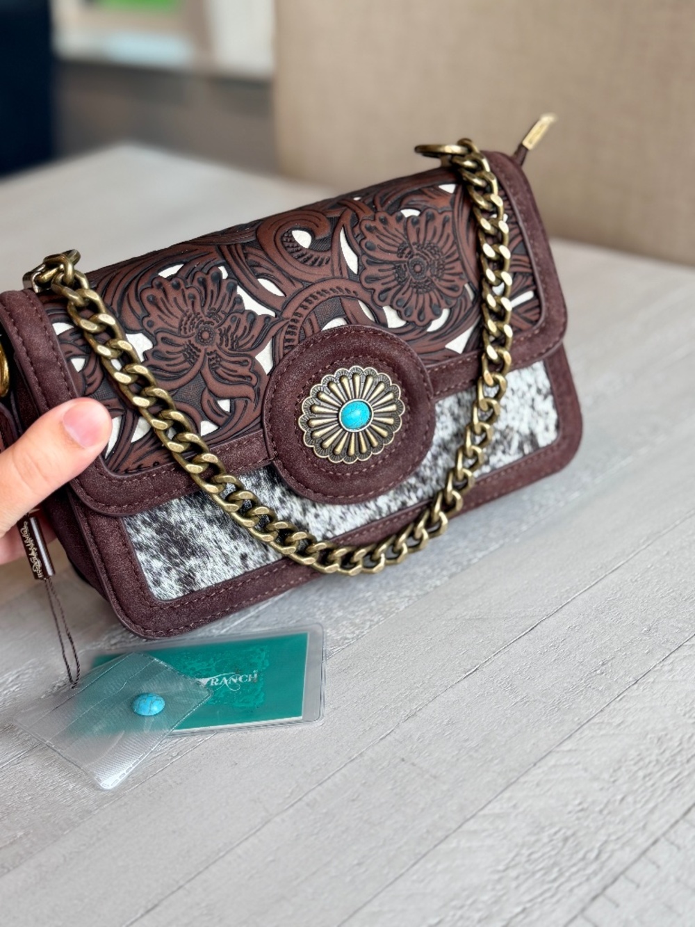 Trinity Ranch Cowhide Floral Cutout Crossbody Bag Coffee